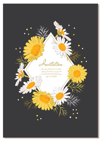 Flower card Chamomile background Daisy wreath. Ele