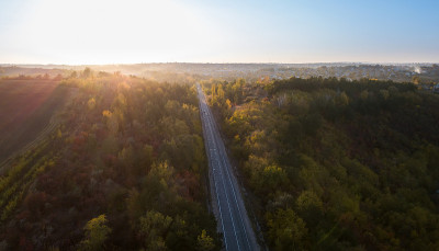 鸟瞰图的道路通过秋天的森林