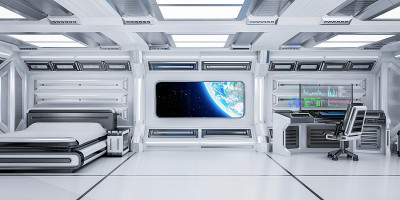 未来科幻卧室室内与行星地球在空间站，3D渲染