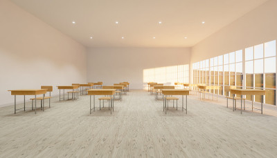 新常态教室室内的3d渲染，并将桌椅隔开，防止COVID-19病毒在木地板上传播。