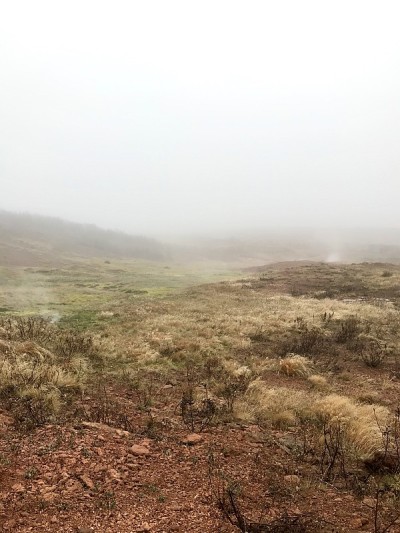 在一个多云的下午，冰岛地热间歇泉地区丰富多彩的户外秋景，在Bláskógabyggð上的黄金圈(雷克