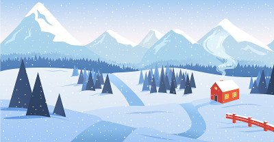 冬天的山景与森林和孤独的房子与路边飘落的雪。隐士，禁欲，远离人群，孤独，矢量插图
