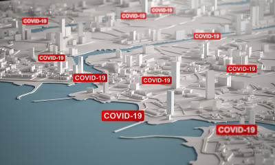 Covid-19冠状病毒在城市蔓延，城市微型建筑的3D渲染鸟瞰图