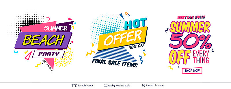 Set of summer party ad backgronds in pop-art style