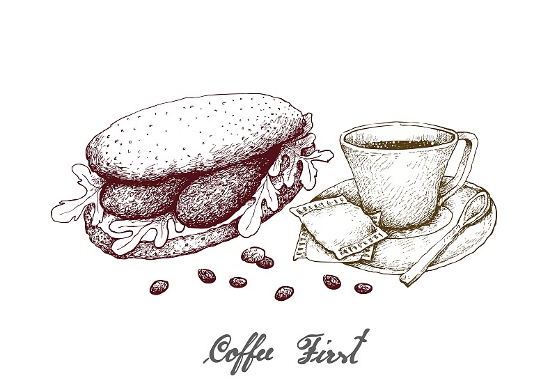 Hand Drawn of Hot Coffee with Baguette Sandwich