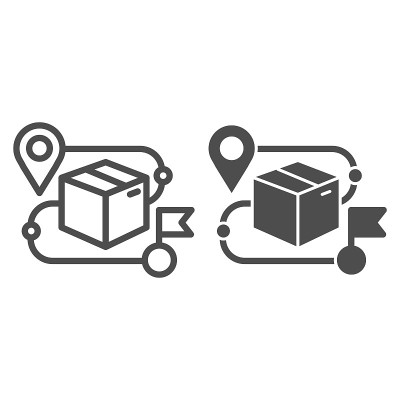 产品盒和地图引脚线和实体图标，发货符号，包装跟踪矢量标志上的白色背景，纸板箱与位置运输目的地图标轮廓