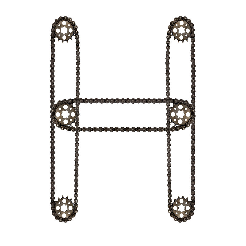 蒸汽朋克字母表字体字母H从链条齿轮。印刷字体拼贴机械五金零件。隔离元件用于自行车、车轮、电机维修或工