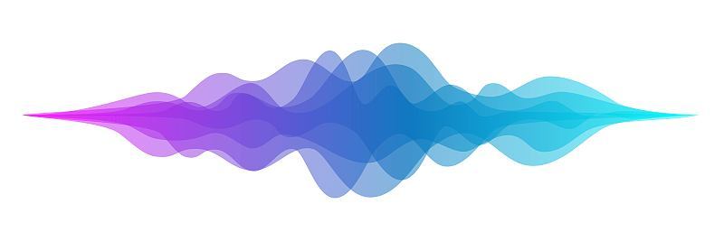 摘要音频声波背景。蓝色和紫色的声音或音乐信号波形矢量插图。数字节拍的音量彩色声波。图形电子曲线形状