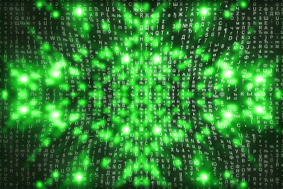 绿色矩阵数字背景。抽象的网络空间的概念。人物倒了。来自符号流的矩阵。虚拟现实设计。复杂的算法数据黑客