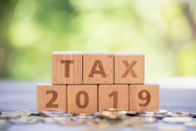 字块“TAX”，以及堆币上的“2019”作为背景。收入，费用，税收，财务数据。
