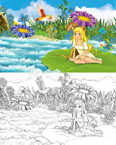 卡通场景与素描与美丽的女孩，精灵公主和动物鸟插图