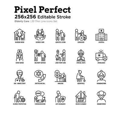 Nursing home for elderly people thin line icons se