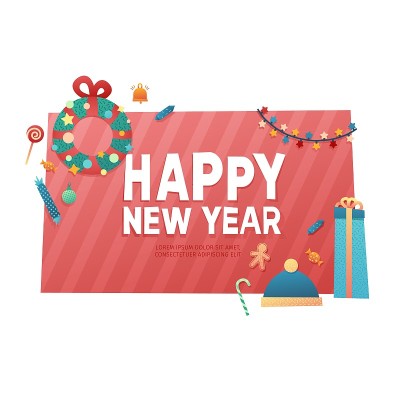 模板设计横幅新年快乐提供。平面矢量风格的传单与圣诞节装饰元素。用礼物和花环设计快乐的节日相框。