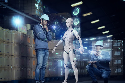 人与3D机器人在工厂机器学习，工业5.0未来AI人工智能技术。