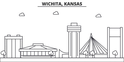堪萨斯州，威奇托建筑线天际线插图。线性向量的城市景观与著名的地标，城市景观，设计图标。风景与可编辑的