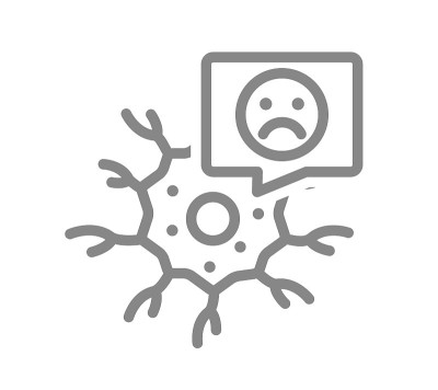 神经元用悲伤的脸说话泡泡线图标。疾病神经组织符号