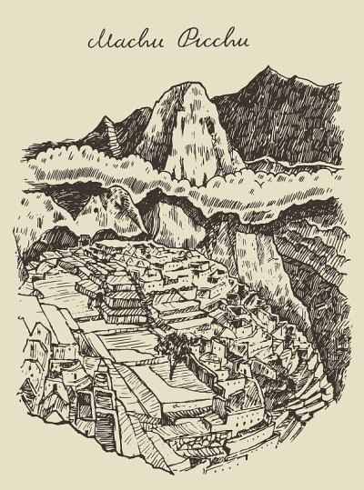 秘鲁马丘比丘山水手绘素描