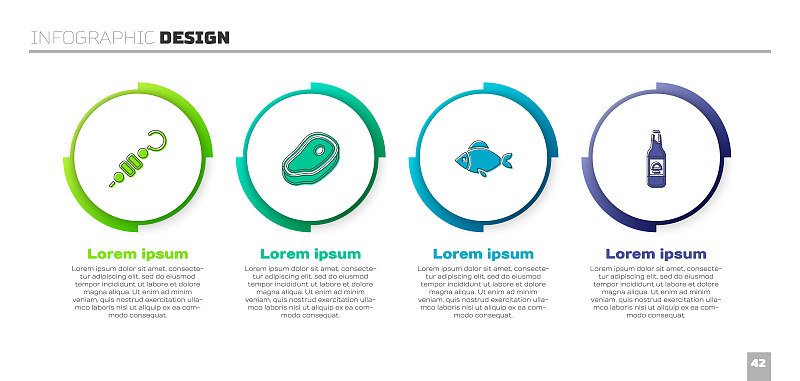 烧烤串，牛排，鱼和啤酒瓶。业务信息模板。向量预览效果