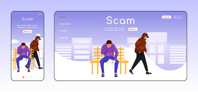 诈骗自适应登陆页面平面颜色矢量模板。勒索手机和电脑主页布局。信的要求。威胁一个页面的网站UI。网页跨