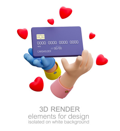 卡通手握借记卡和红心。孤立在白色背景上。3 d渲染。