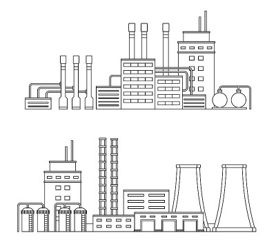 一套生产工业建筑孤立在白色背景。工厂采用扁平式。