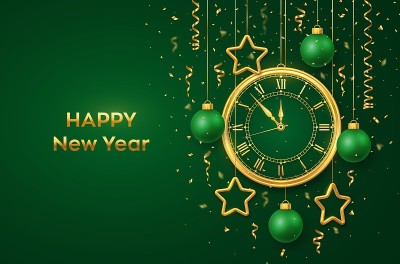 2021年新年快乐。金光表与罗马数字和倒计时午夜，除夕的新年。绿色背景上有金色的星星和球。圣诞快乐。