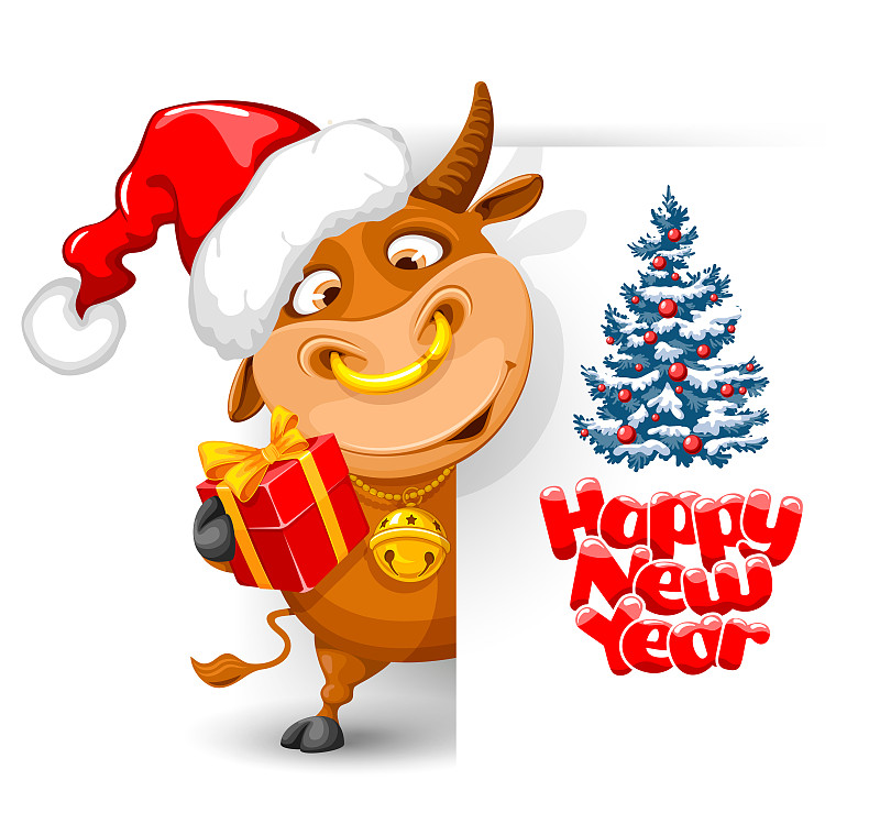 圣诞快乐，新年祝福卡通公牛