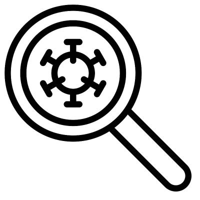 放大玻璃与病毒矢量插图，线条样式图标