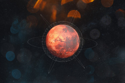 在红色星球火星上寻找生命迹象的卫星。火星视图从空间与几何网络多边形图形和连接线。探索火星这颗红色星球