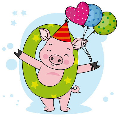 Cute pig with the number zero. Birthday party card