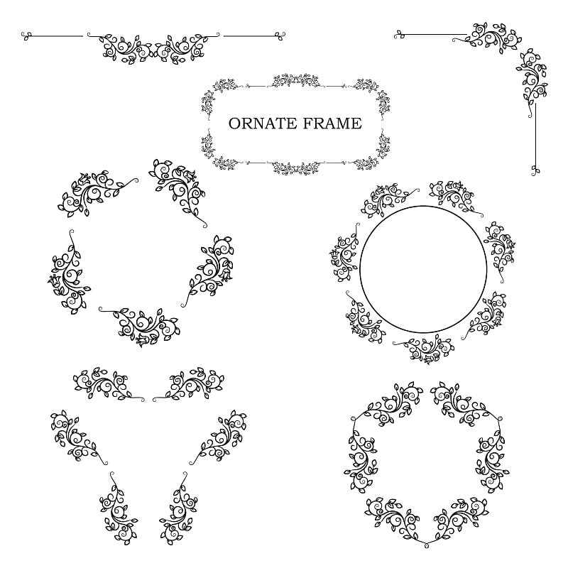 一套华丽的花框架。向量孤立的插图。