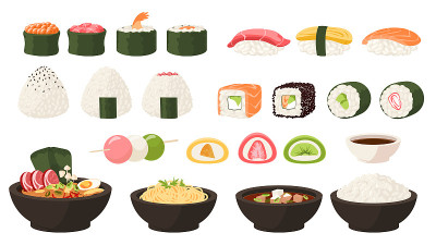 日本的食物。亚洲美食。卡通寿司和卷。御膳汤或御膳烧。传统的糖果。美味的麻糬和dango。一碗美味的天