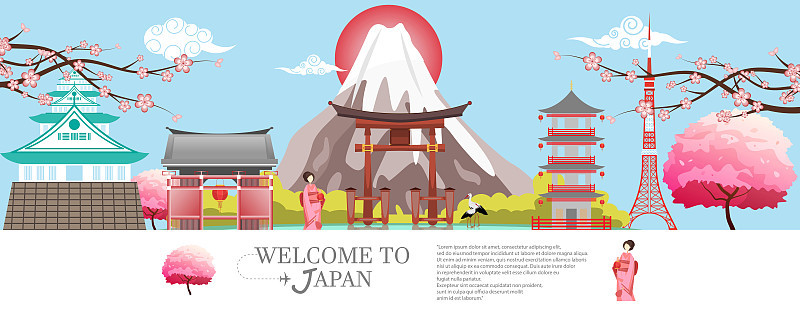 全景旅游明信片，日本旅游广告。矢量插图。