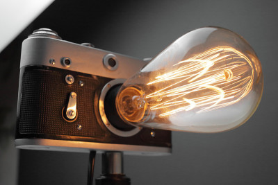 Retro lamp from an old camera with an Edison lamp 