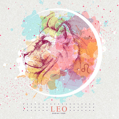 现代魔法魔法卡与星座Leo zodiac sign。手绘狮子头插图