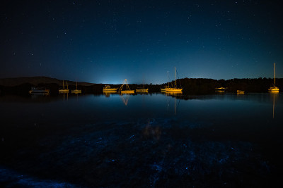 在海湾的夜景中，船只发出生物荧光