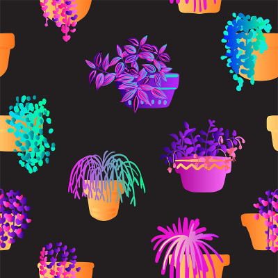 图案霓虹灯热带植物和花在盆。矢量彩色草图上的白色背景。紫外光粉色，蓝色，绿松石色。