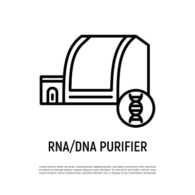 RNA或DNA净化器，紧凑的机器人工作站。细线图标。医疗设备。矢量插图。