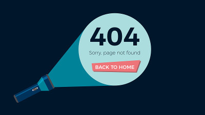 屏幕错误404，页面未找到。手电筒照亮文字和按钮。平面向量插图