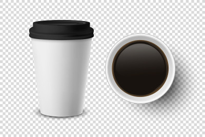 矢量3d现实一次性打开的纸，塑料咖啡杯的饮料设置特写孤立在透明的背景。设计模板模型。顶视图和前视图