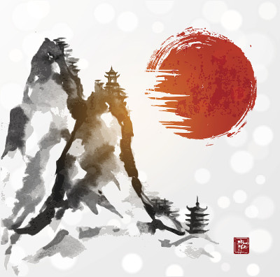 景观有红日，高山和两座宝塔，