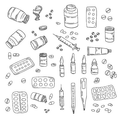 片剂、注射器、胶囊容器、滴眼液、温度计、安瓿瓶、药膏及蛇碗套装。医学手绘涂鸦插图。保健、治疗、治疗理