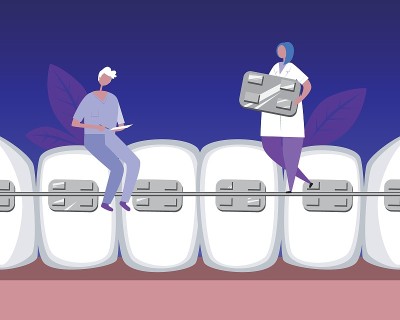 牙科医生或正畸医生以牙齿为概念提供牙科服务、牙科治疗、牙齿平面矢量图例，附有牙科医生和牙套