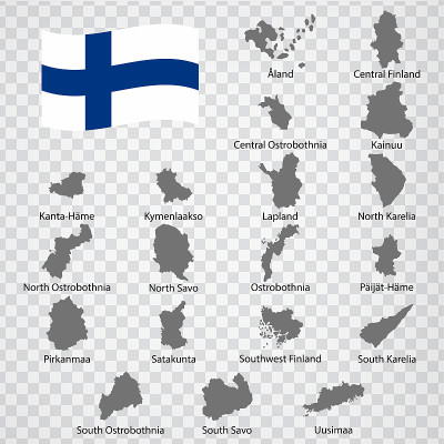Nineteen Maps Regions of Finland - alphabetical or