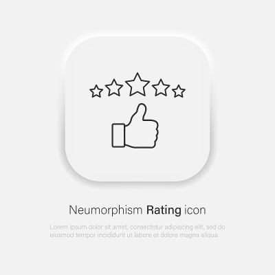 评级矢量图标。反馈大拇指与五星符号在时髦的neumorphism风格。向量EPS 10