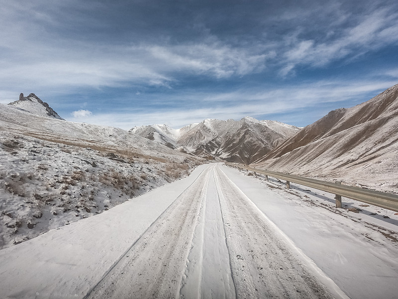 砾石路在干燥的土地上与雪山预览效果