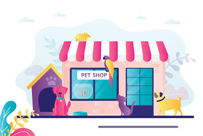 动物园里有不同的宠物。猫和狗坐在动物商店大楼附近。外立面宠物店与招牌