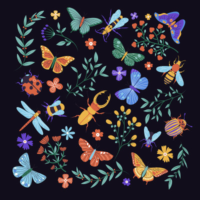 草甸昆虫和花枝流行平面插图。
