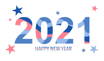 2021年新年快乐，白色背景上的星星平面设计。季节的问候。