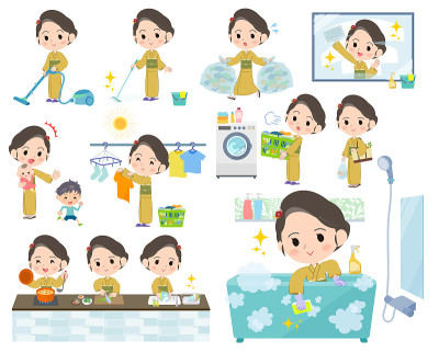 和服黄赭色女人家务